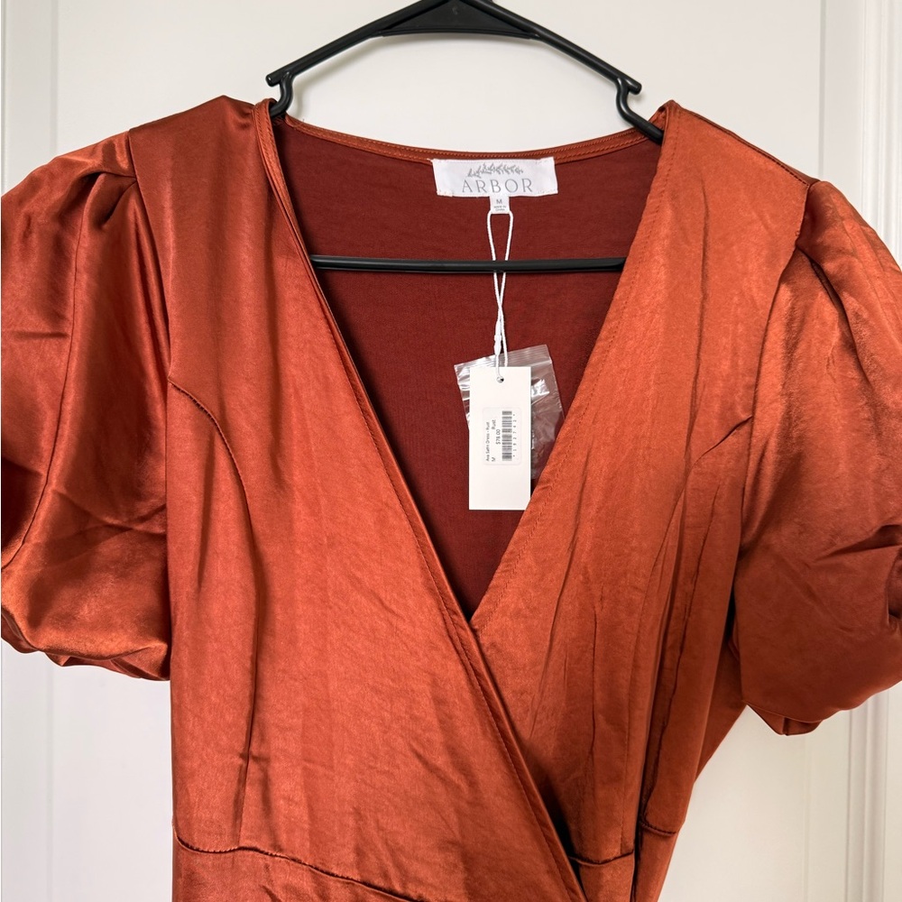 Arbor Brown Orange Puff Sleeve Maxi Gown
